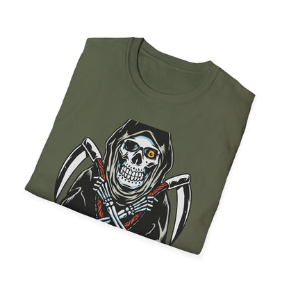 Epic Grim Reaper T-Shirt: Skull & Scythes Design. Bold Gothic Halloween Tee for Men & Women. Unleash Your Inner Darkness!