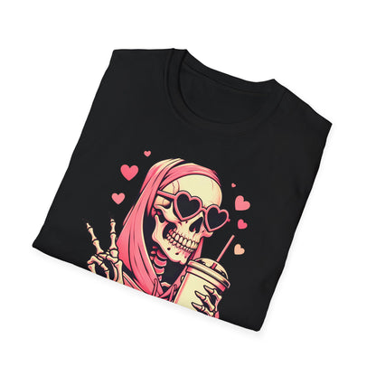 Trendy Pink Skeleton T-Shirt: Chill Vibes, Heart Sunglasses & Peace Sign Tee – Spooky Cute Aesthetic for Women & Teens