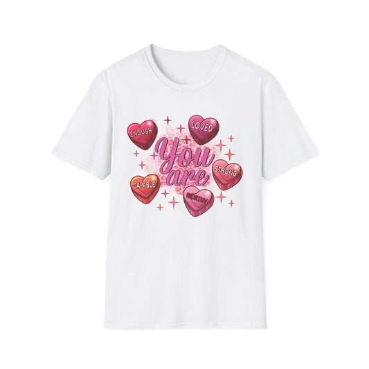 Vibrant 'You Are' Empowering T-Shirt | Self-Love Conversation Hearts & Leopard Print Tee for Women & Girls | Positive Affirmation Gift