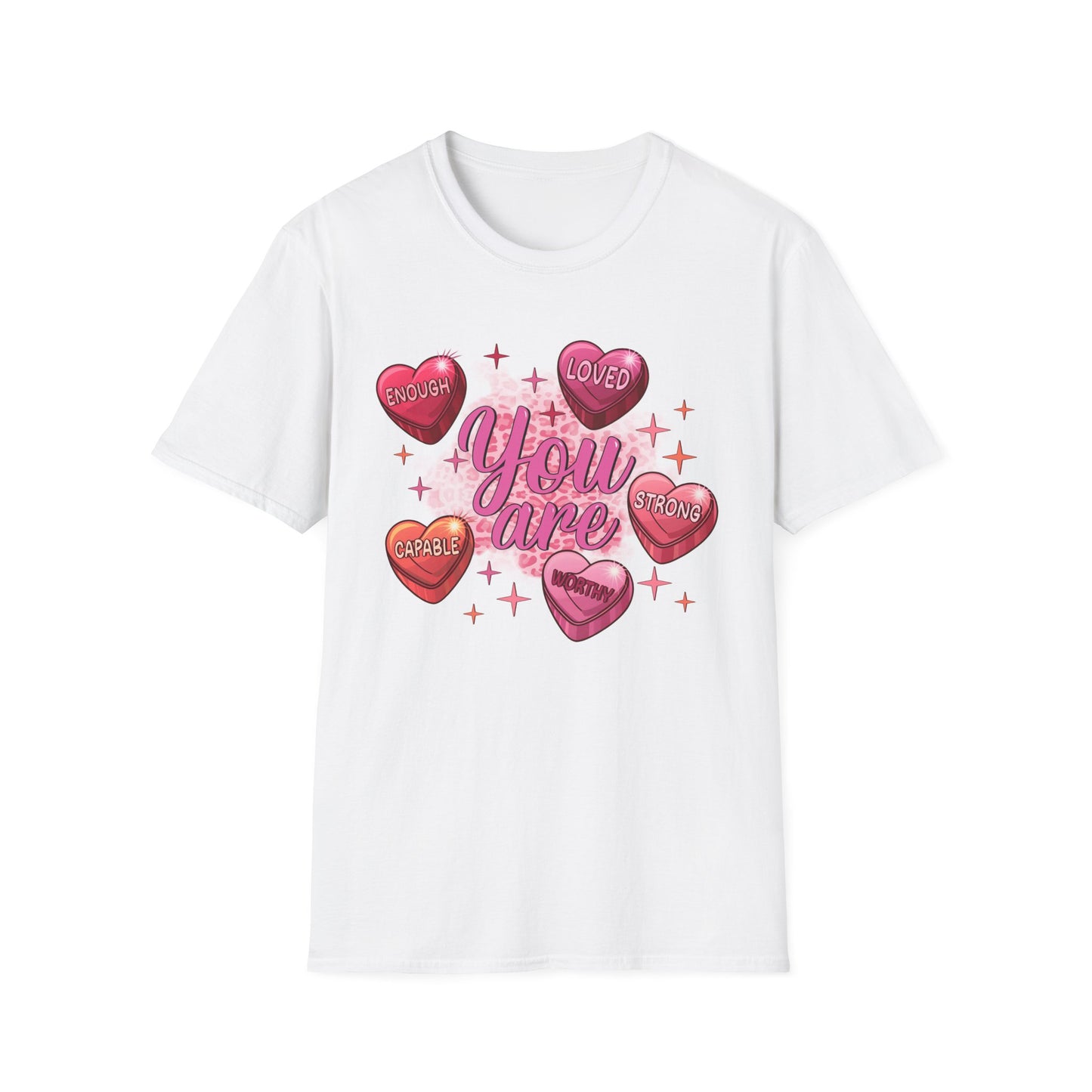 Empowering "You Are" Self-Love T-Shirt: Sweet Candy Heart Affirmations & Chic Leopard Print for Her