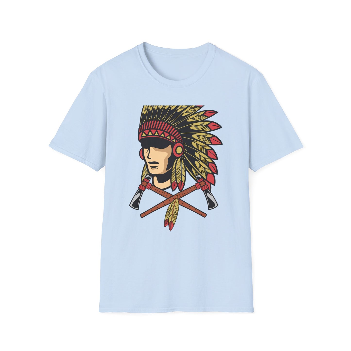 Bold Indigenous Warrior Chief T-Shirt | Majestic Feather Headdress & Tomahawks Tee | Powerful Cultural Design Gift