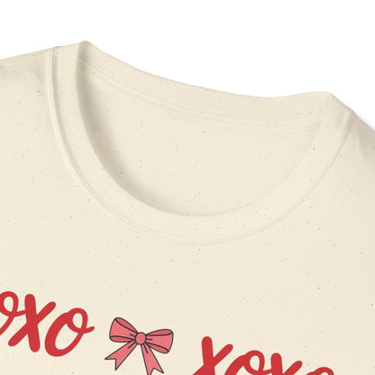 Adorable XOXO Bows & Sparkles T-Shirt | Sweet Hugs & Kisses Valentine's Day Tee for Women | Charming Romantic Gift