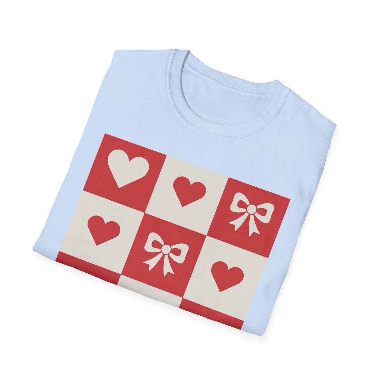 Charming Hearts & Bows Checkerboard T-Shirt | Sweet Love Pattern Tee | Perfect Valentine's Day Gift for Her