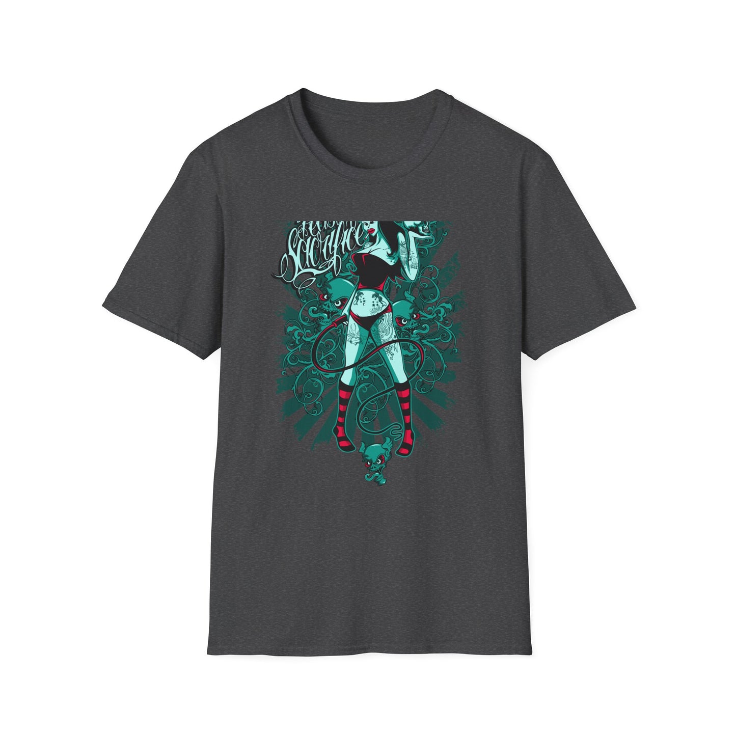 Bold 'Feast of Sacrifice' T-Shirt - Edgy Pin-Up Girl, Flaming Skulls & Tattoo Art for Goth & Alternative Style