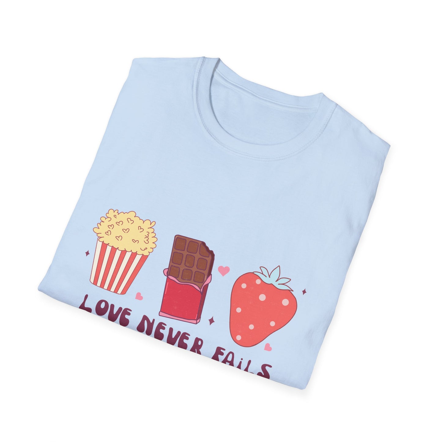Delicious Retro Love Never Fails T-Shirt - Popcorn, Chocolate, Strawberry Snack Tee for Foodies & Romantics