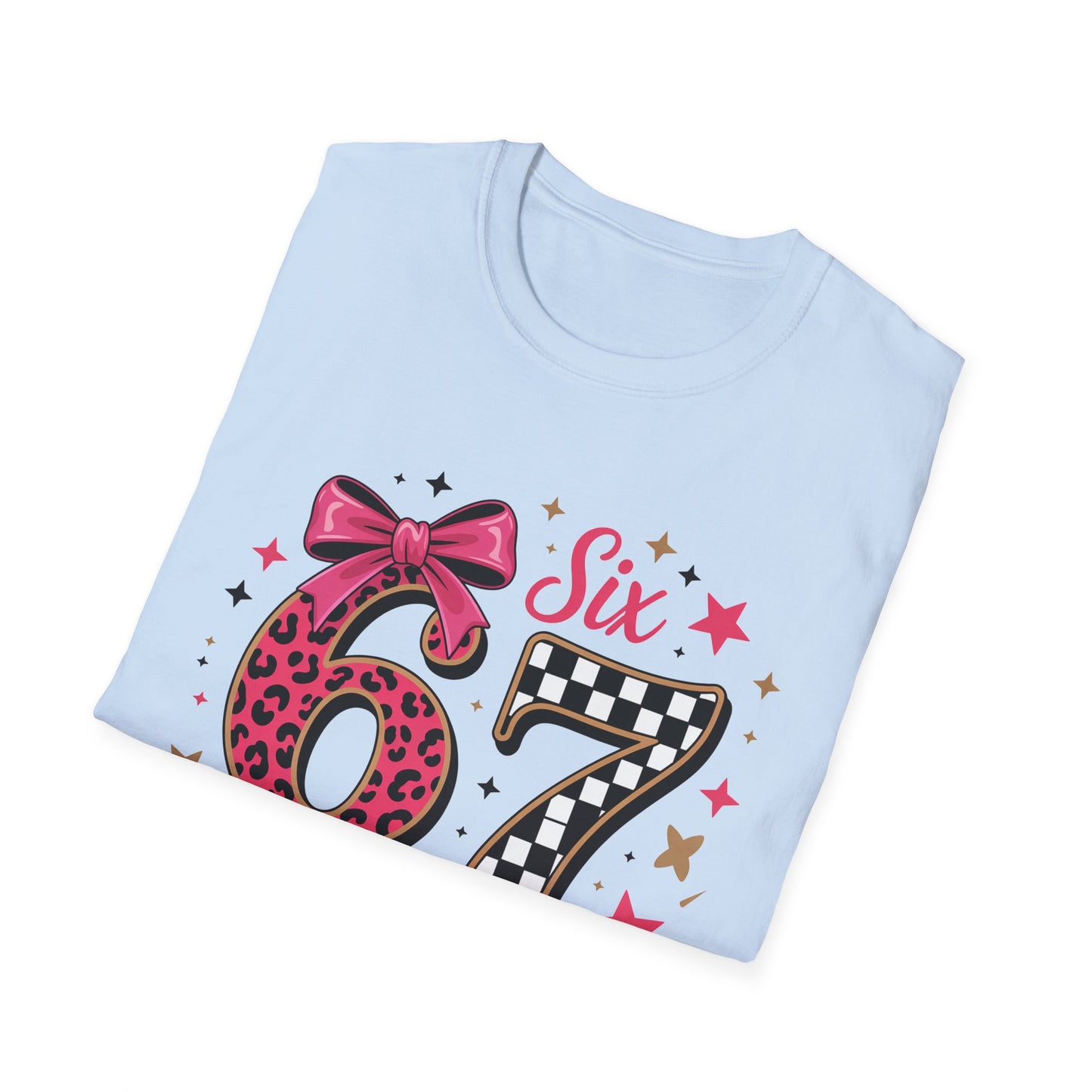 Glam Six & Seven Birthday T-Shirt for Girls | Trendy Pink Leopard Print 6 & 7 Kids Party Tee with Checkerboard & Sparkly Bow
