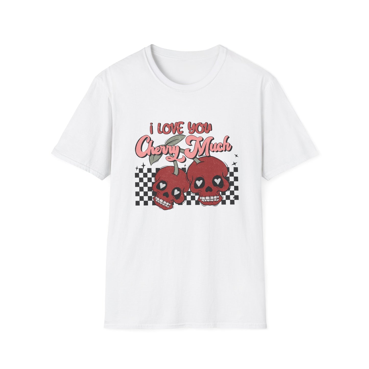 I Love You Cherry Much T-Shirt | Sweet Skull Cherries & Retro Checkerboard Tee | Unique Valentine's Love Pun Top for Couples