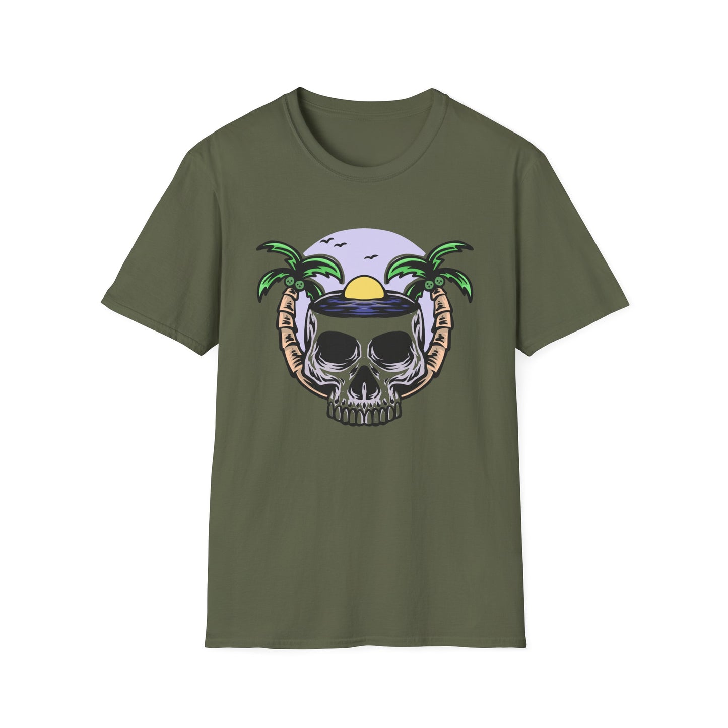 Vibrant Tropical Skull T-Shirt | Beach Sunset & Palm Tree Design | Unique Summer Vacation Tee | Cool Edgy Casual Wear