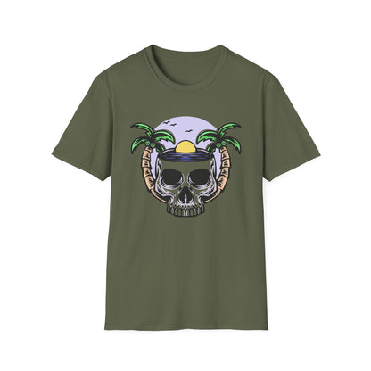 Vibrant Tropical Skull T-Shirt | Beach Sunset & Palm Tree Design | Unique Summer Vacation Tee | Cool Edgy Casual Wear