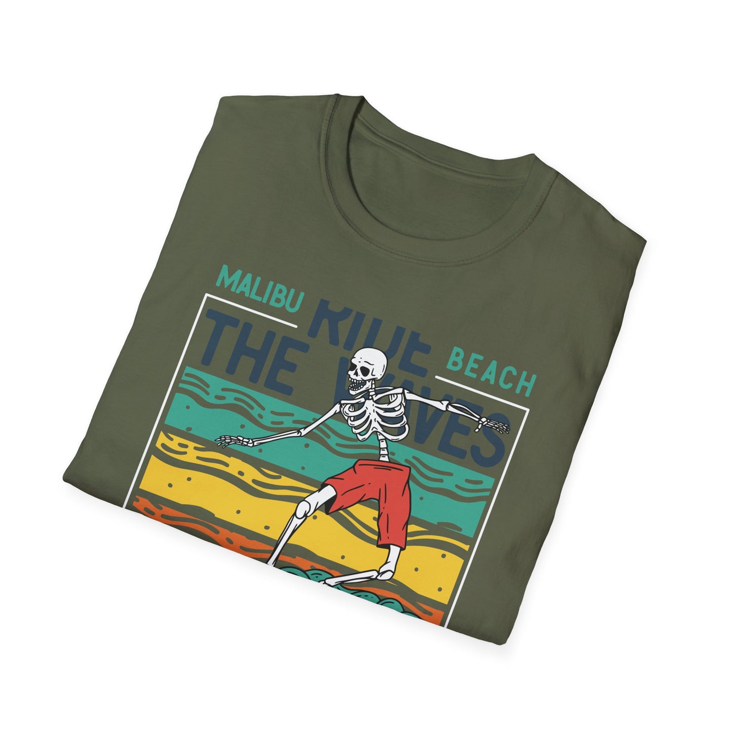Epic Malibu Skeleton Surfer T-Shirt - Ride The Waves California Beach Retro Tee | Unique Vintage Style Surf Graphic