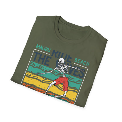 Epic Malibu Skeleton Surfer T-Shirt - Ride The Waves California Beach Retro Tee | Unique Vintage Style Surf Graphic