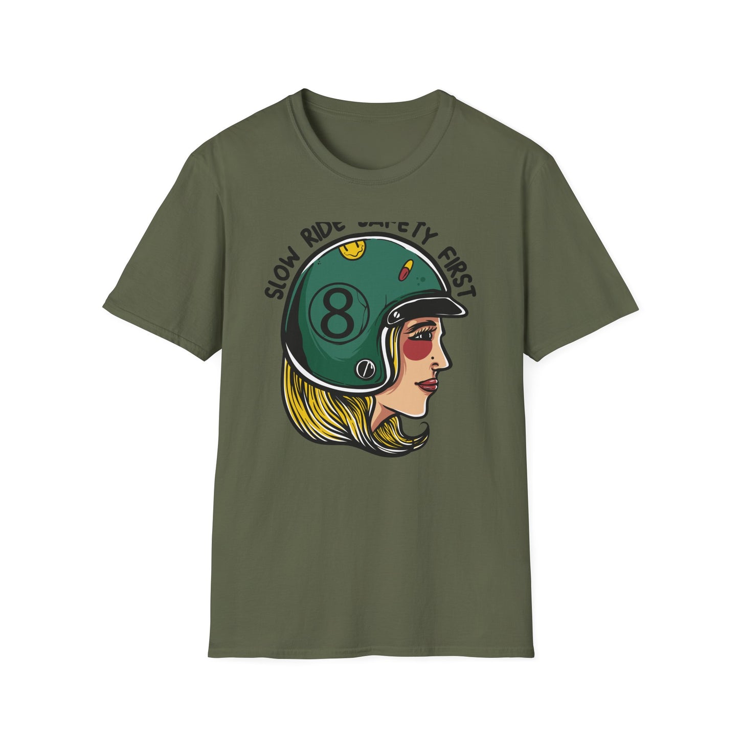 Vibrant Biker Girl Helmet T-Shirt | "Slow Ride Safety First" Retro Motorcycle Rider Tee for Women