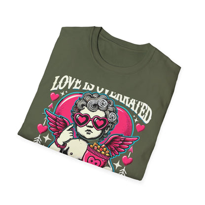 Hilarious 'Love Is Overrated Pass The Snacks' T-Shirt - Anti-Valentine's Day Cupid & Fries Tee. Perfect for Singles & Snack Lovers!