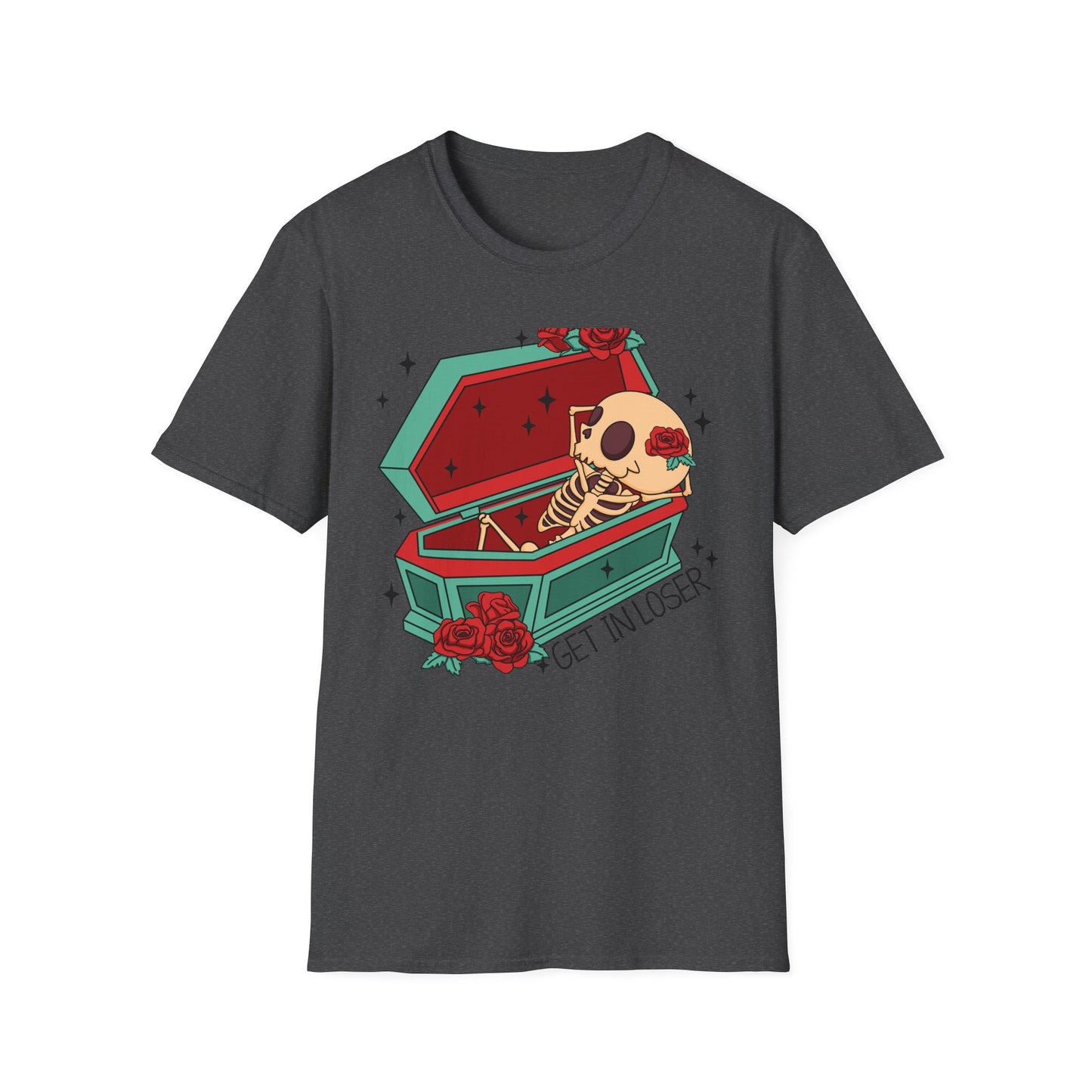 Chill Skeleton in Coffin T-Shirt | Unique Spooky Cute Goth Tee with Red Roses | Ultimate Alternative Style