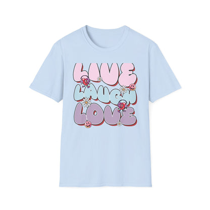 Vibrant Retro Live Laugh Love T-Shirt | Groovy Hearts & Smiley Faces Tee for Positive Vibes