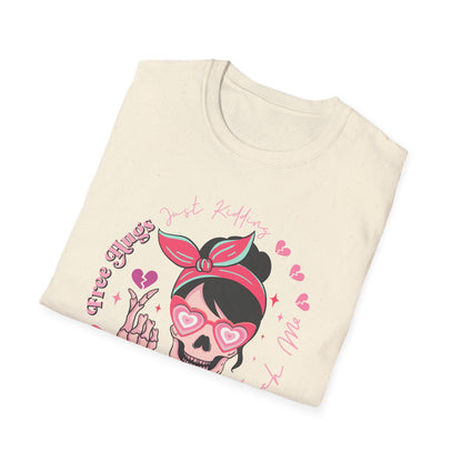 Sassy Skull 'Free Hugs Just Kidding' T-Shirt | Edgy Pink Heart Sunglasses & Broken Hearts Tee | Funny Personal Space Gift for Her