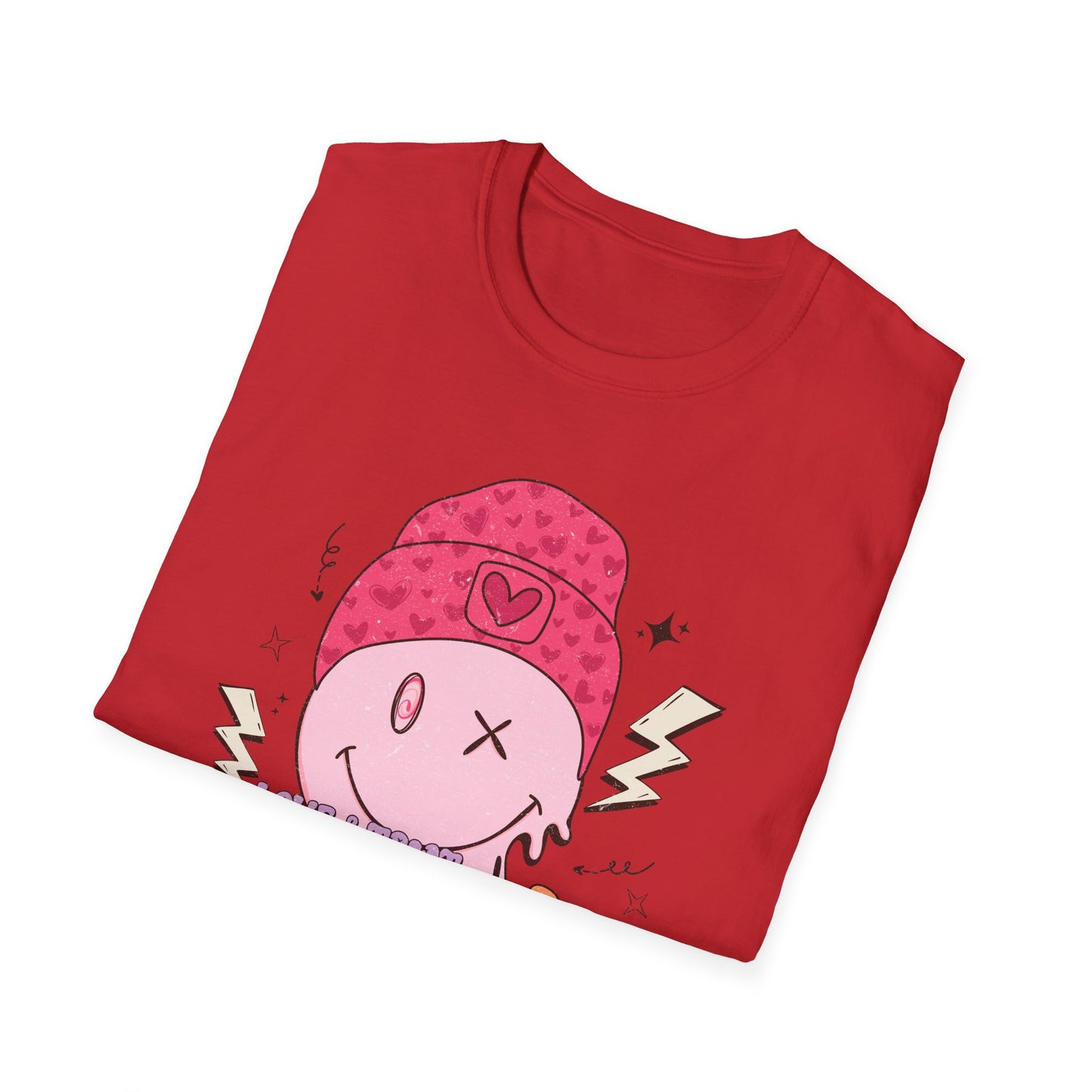 Trendy Groovy Melting Smiley T-Shirt - Empowering 'Love & Treat Yourself' Retro Self-Care Tee for Women