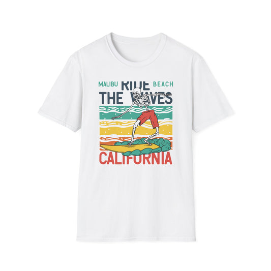 Epic Malibu Skeleton Surfer T-Shirt - Ride The Waves California Beach Retro Tee | Unique Vintage Style Surf Graphic