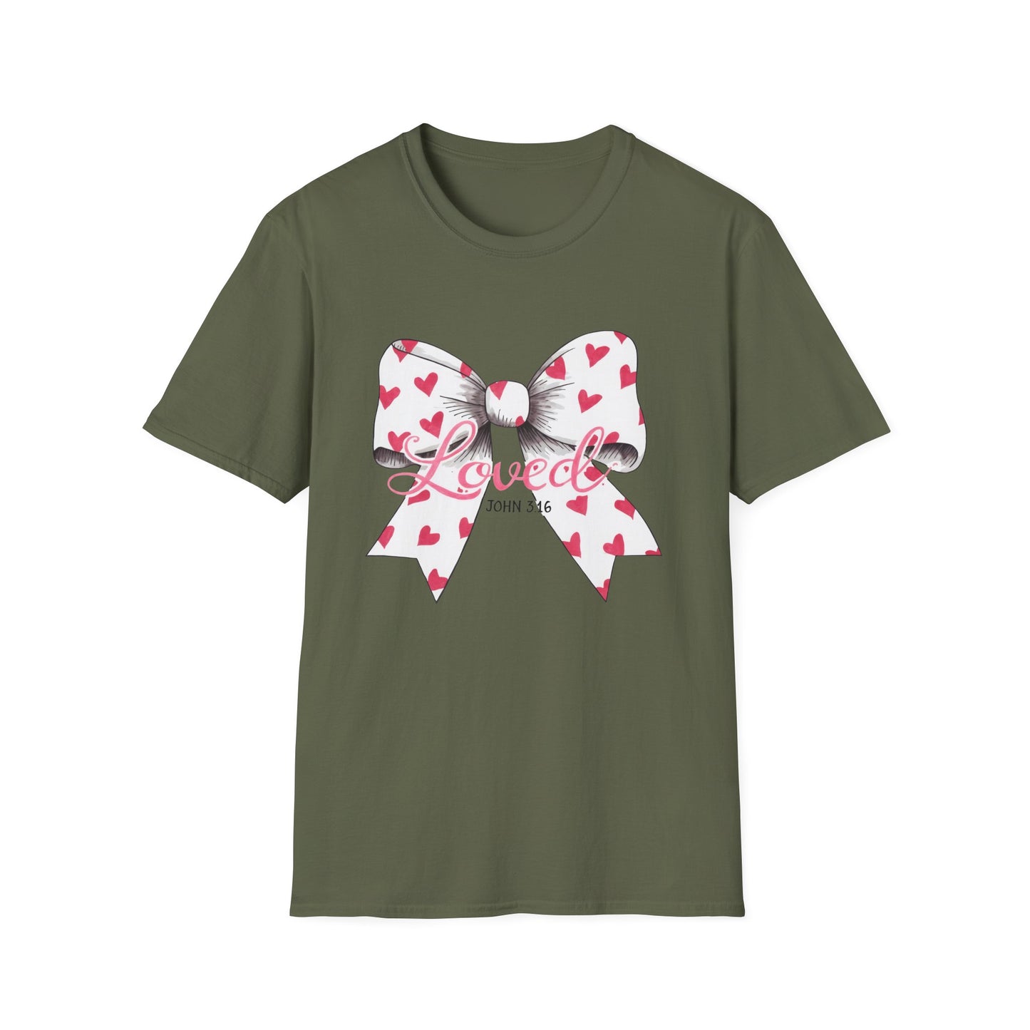 Inspiring 'Loved' John 3:16 T-Shirt | Christian Faith Tee with Hearts Bow | Beautiful Spiritual Gift for Women