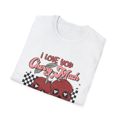 I Love You Cherry Much T-Shirt | Sweet Skull Cherries & Retro Checkerboard Tee | Unique Valentine's Love Pun Top for Couples