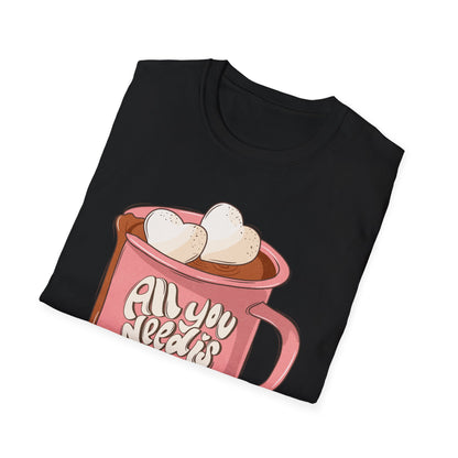 Sweet "All You Need Is Love" T-Shirt | Retro Hot Chocolate Mug with Heart Marshmallows | Adorable Valentine's Day & Cozy Love Tee