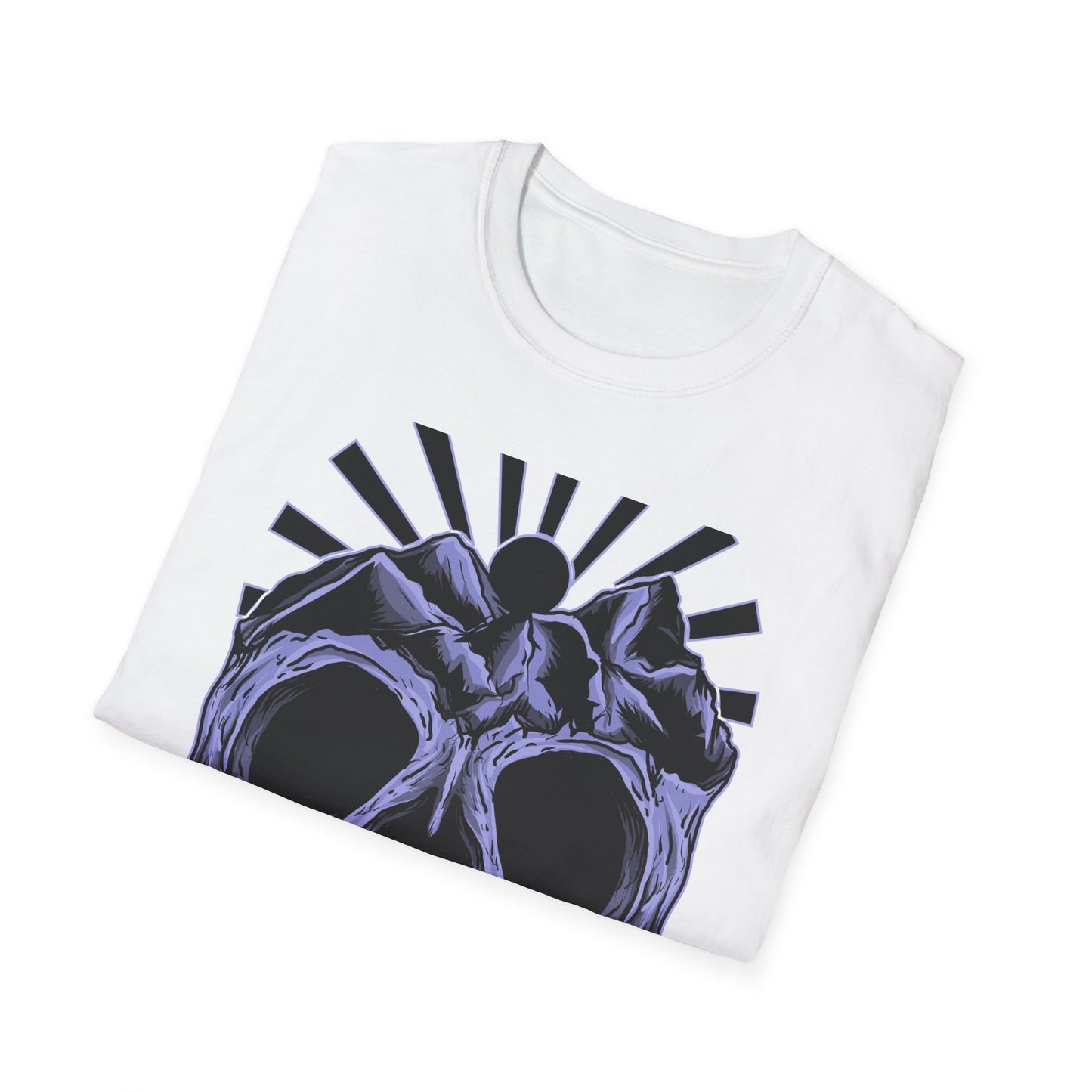 Bold Mountain Skull T-Shirt | Mystic Sun Rays & Nature Art | Unique Grunge Alternative Tee | Edgy Outdoor Apparel for Men & Women