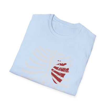 Striking "Live In Death" Skeleton Rib Cage & Red Heart T-Shirt | Unique Anatomical Goth Tee | Deep Meaning Statement Apparel