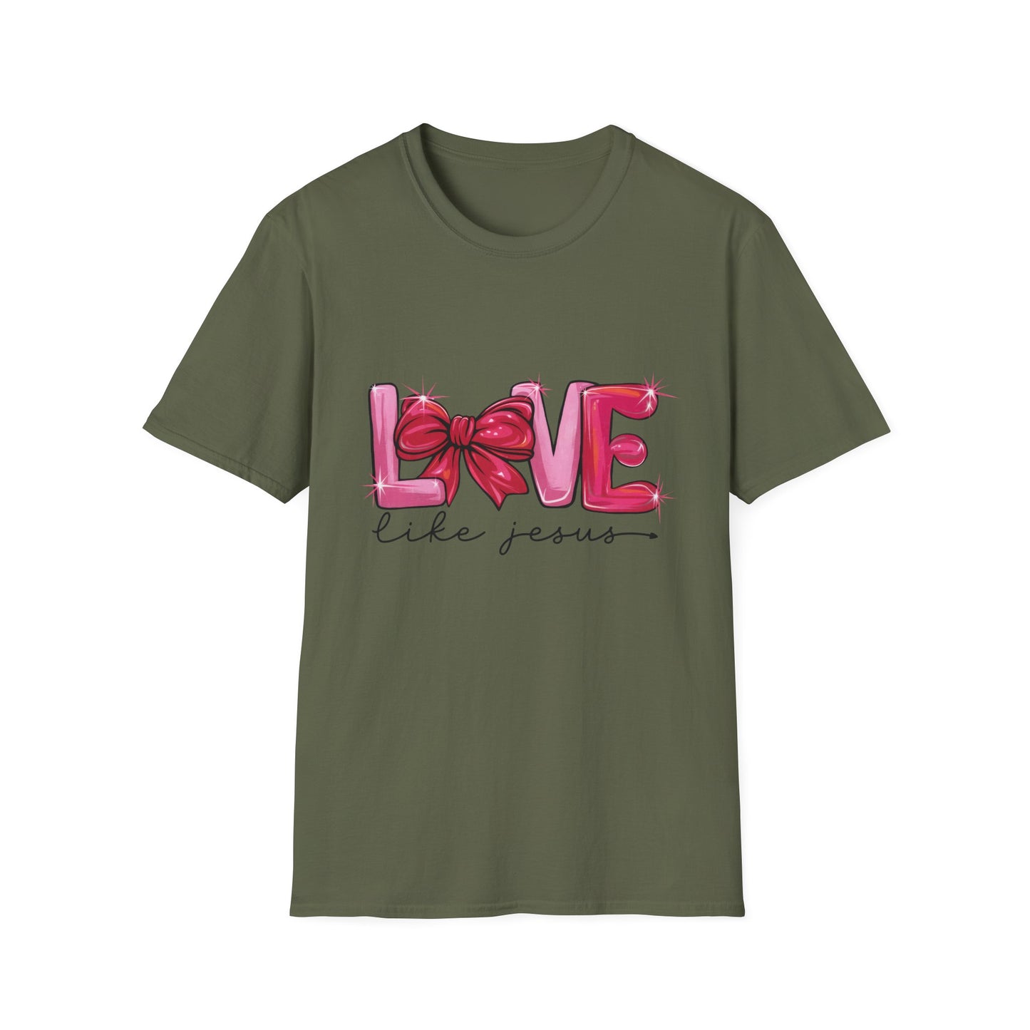 Sparkling LOVE Like Jesus T-Shirt | Vibrant Pink Bow Faith Tee | Women's Christian Inspirational Gift