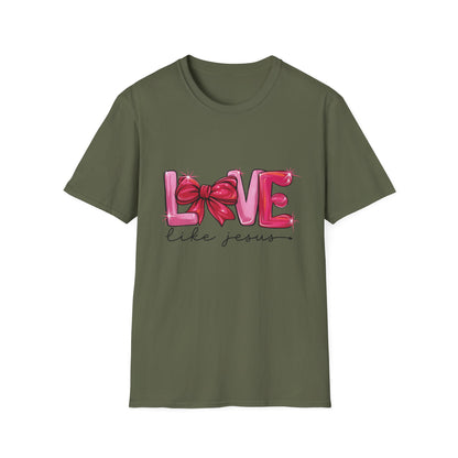 Sparkling LOVE Like Jesus T-Shirt | Vibrant Pink Bow Faith Tee | Women's Christian Inspirational Gift