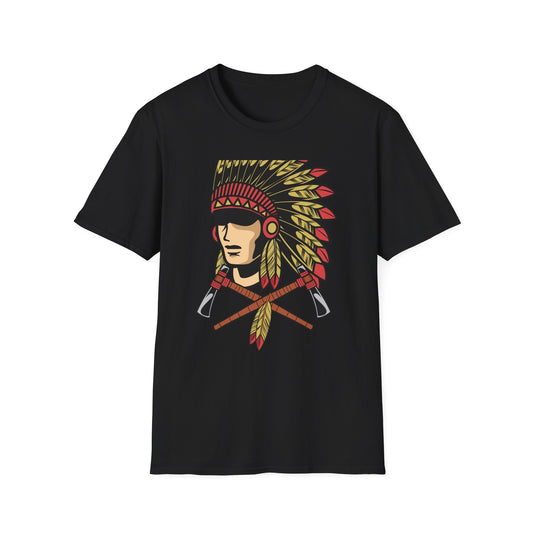 Bold Indigenous Warrior Chief T-Shirt | Majestic Feather Headdress & Tomahawks Tee | Powerful Cultural Design Gift