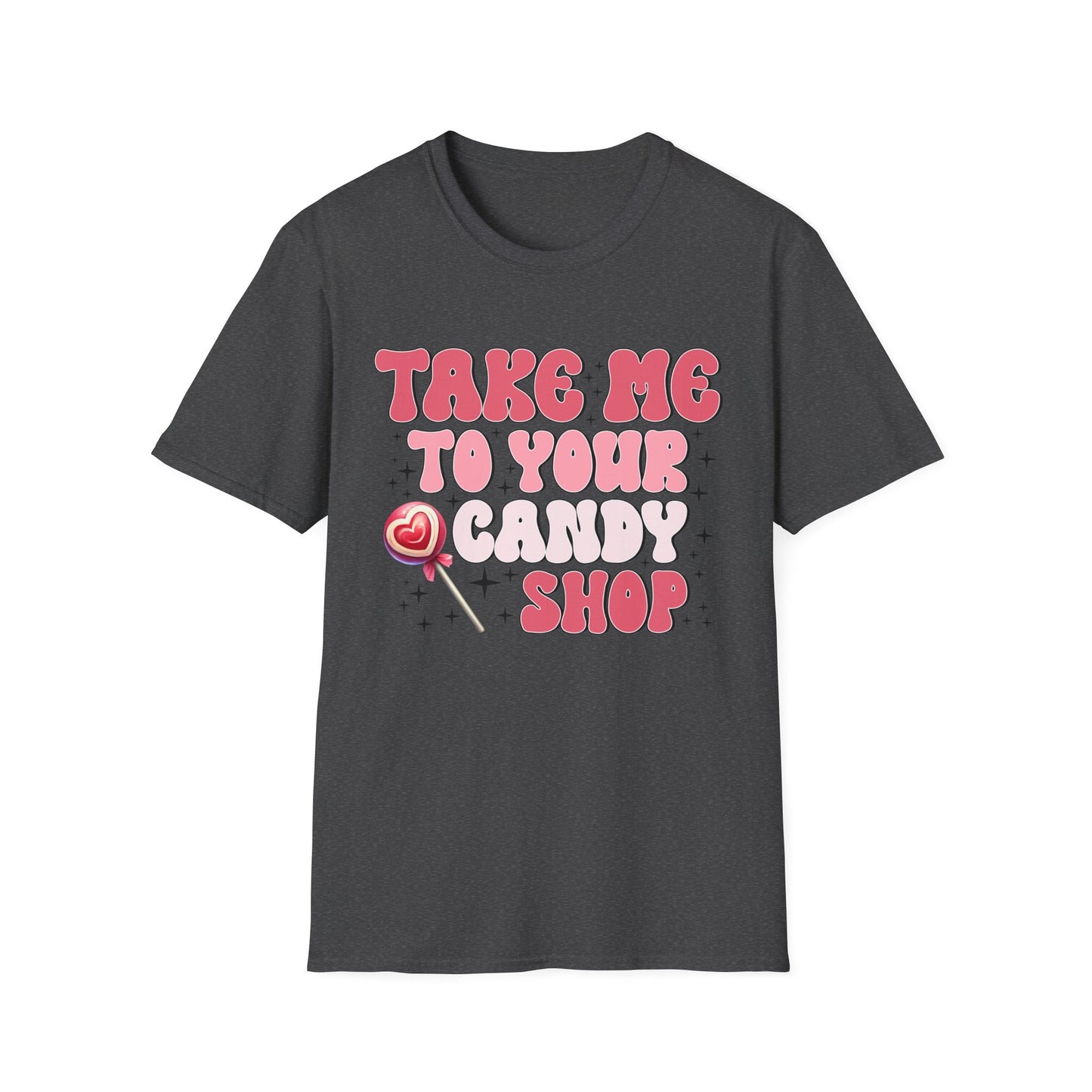 Sweet Retro Candy Shop T-Shirt | Groovy 'Take Me To Your Candy Shop' Tee with Heart Lollipop | Fun & Flirty Pop Culture Vibe