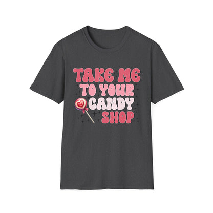 Sweet Retro Candy Shop T-Shirt | Groovy 'Take Me To Your Candy Shop' Tee with Heart Lollipop | Fun & Flirty Pop Culture Vibe