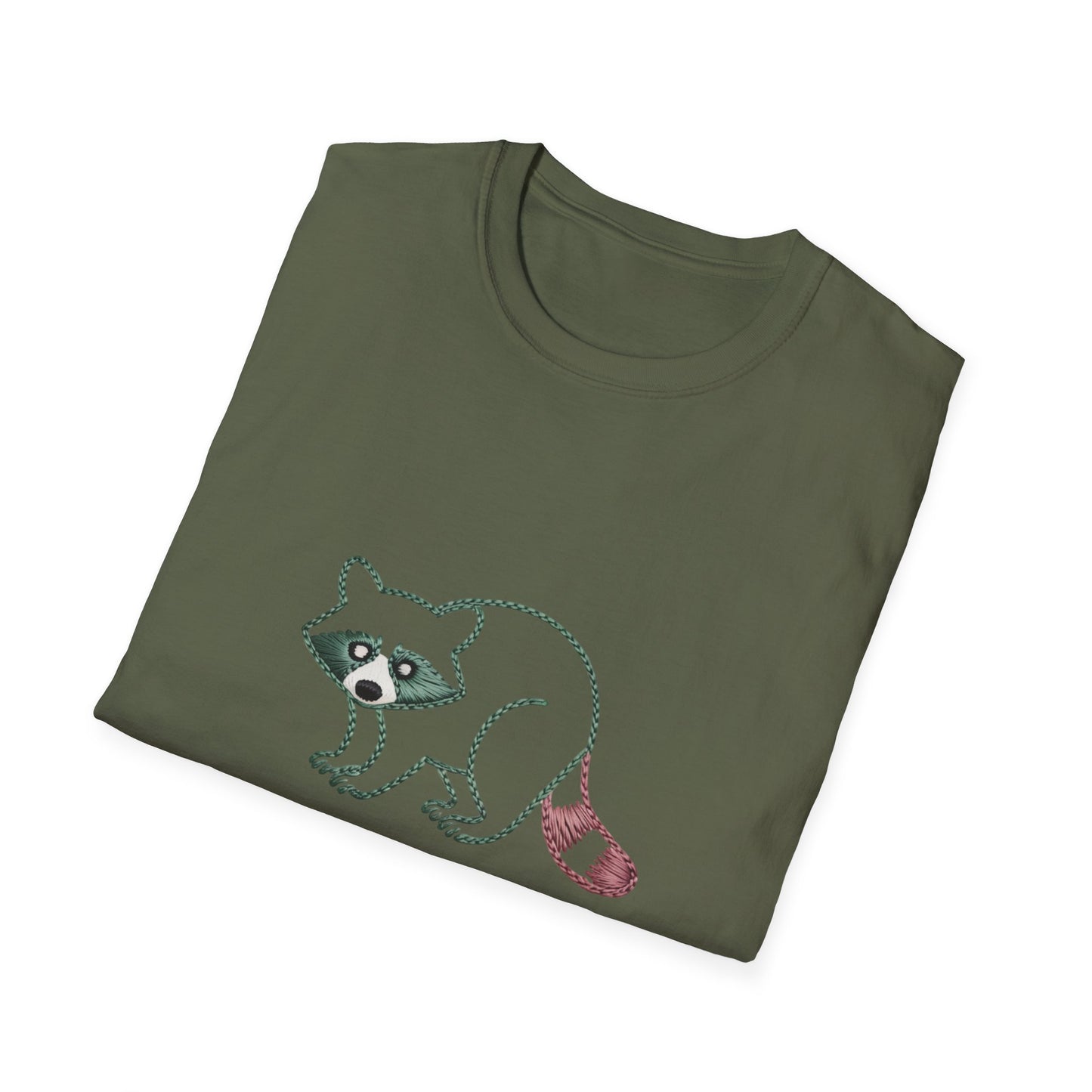 Hilarious Raccoon Running On Snacks T-Shirt | Unique Embroidered Style Animal Lover Tee | Funny Foodie Gift