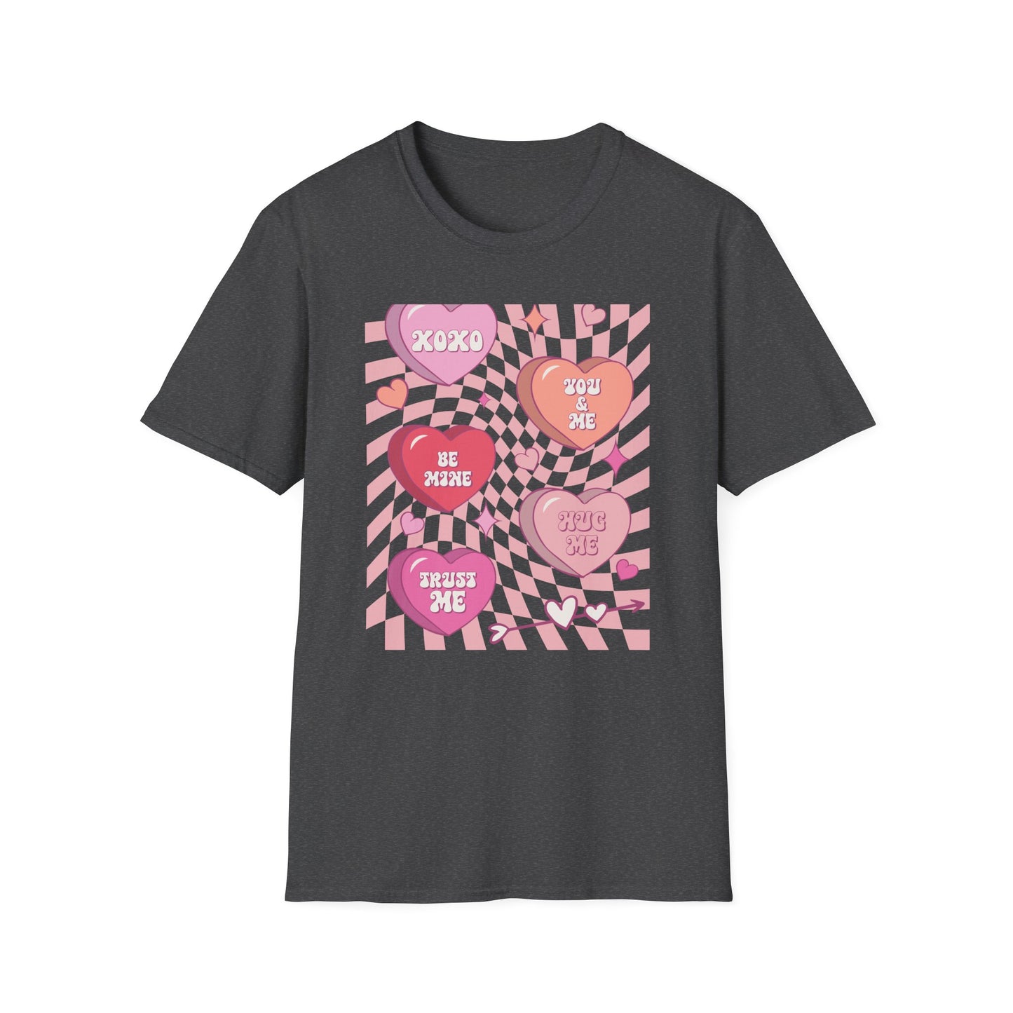 Groovy Conversation Hearts T-Shirt | Y2K Aesthetic Wavy Checkerboard Valentine's Day Tee | Adorable Retro Love Gift
