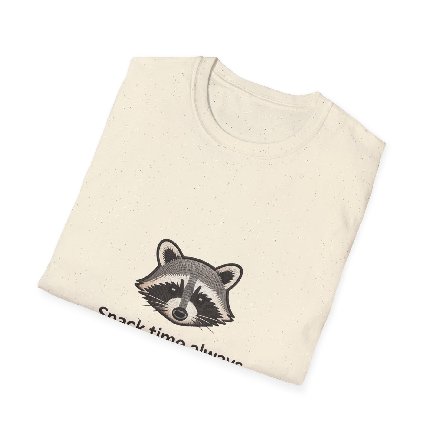 Hilarious Raccoon 'Snack Time Always' Embroidered T-Shirt | Cute Animal Lover Tee for Foodies & Wildlife Fans