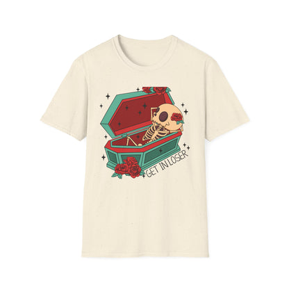 Chill Skeleton in Coffin T-Shirt | Unique Spooky Cute Goth Tee with Red Roses | Ultimate Alternative Style
