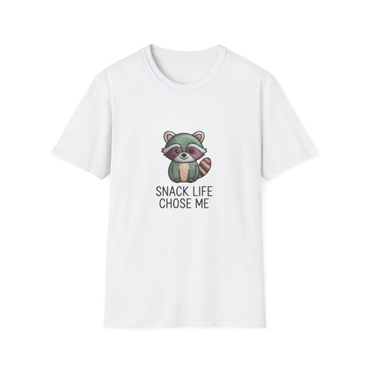 Adorable Raccoon "Snack Life Chose Me" T-Shirt | Hilarious Foodie Tee Gift | Unique Embroidered-Style Design