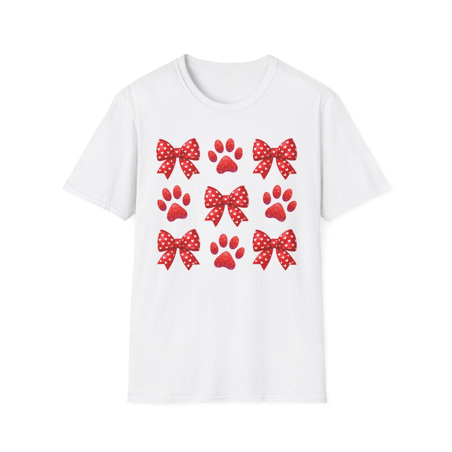 Charming Pet Love T-Shirt: Red Heart Bows & Glitter Paw Prints | Valentine's Day Animal Lover Tee