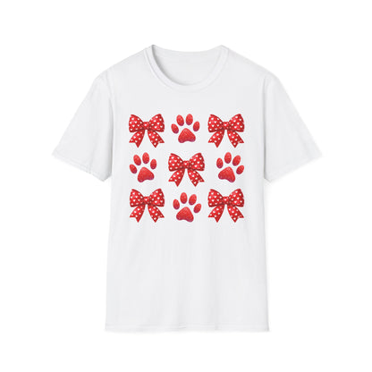 Charming Pet Love T-Shirt: Red Heart Bows & Glitter Paw Prints | Valentine's Day Animal Lover Tee