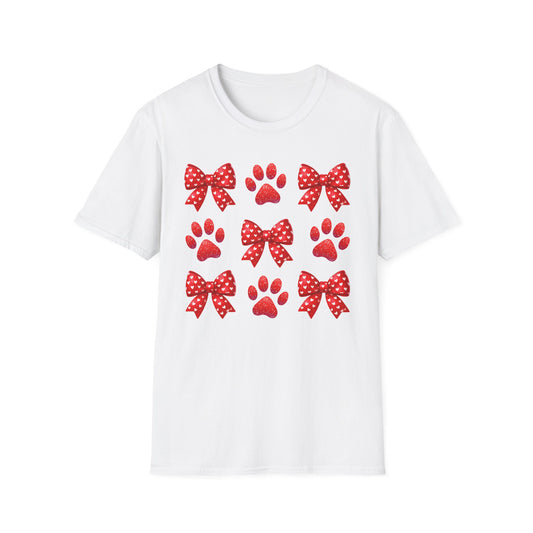 Charming Pet Love T-Shirt: Red Heart Bows & Glitter Paw Prints | Valentine's Day Animal Lover Tee