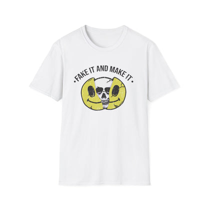 Fake It And Make It Skull T-Shirt - Edgy Cracked Smiley Grunge Aesthetic Tee for Bold Style & Motivation