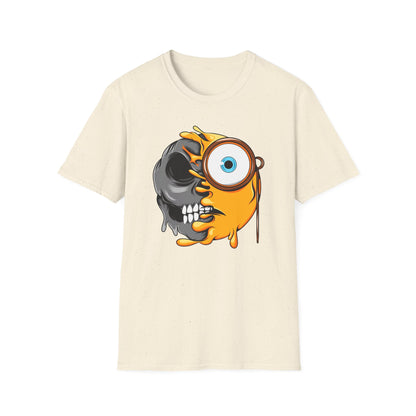 Edgy Half Skull Half Emoji T-Shirt | Unique Melting Monocle Face Tee | Awesome Duality Art for Bold Style