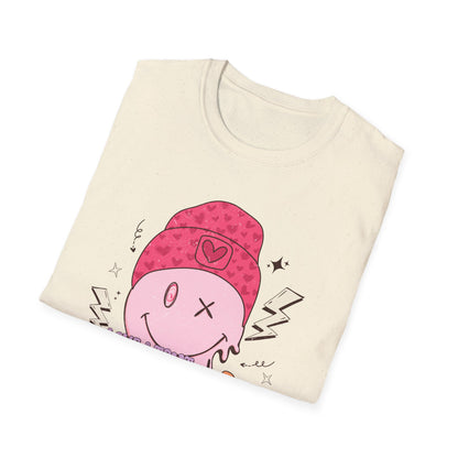 Trendy Groovy Melting Smiley T-Shirt - Empowering 'Love & Treat Yourself' Retro Self-Care Tee for Women