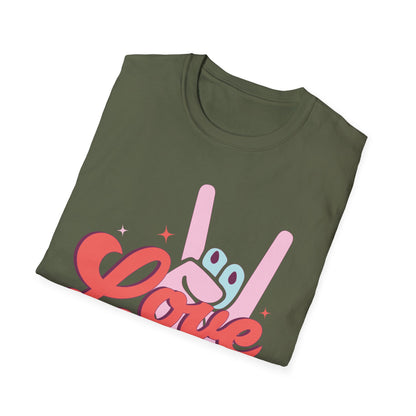 Epic Groovy 'Love Rocks' T-Shirt | Retro Rock On Hand Gesture Tee | Vibrant Vintage Music Lover Top