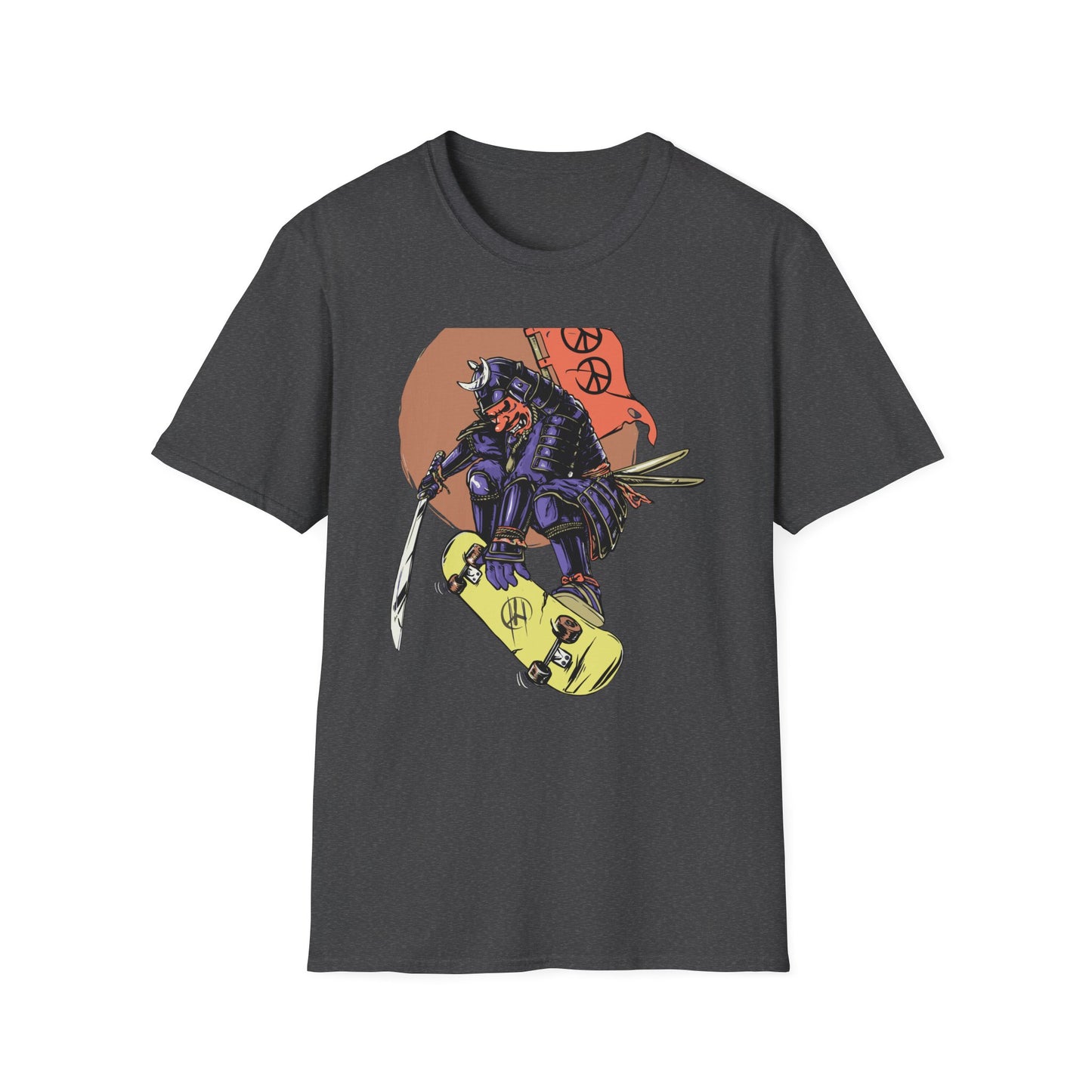 Bold Samurai Skater T-Shirt | Epic Japanese Warrior on Skateboard with Peace Sign Graphic Tee