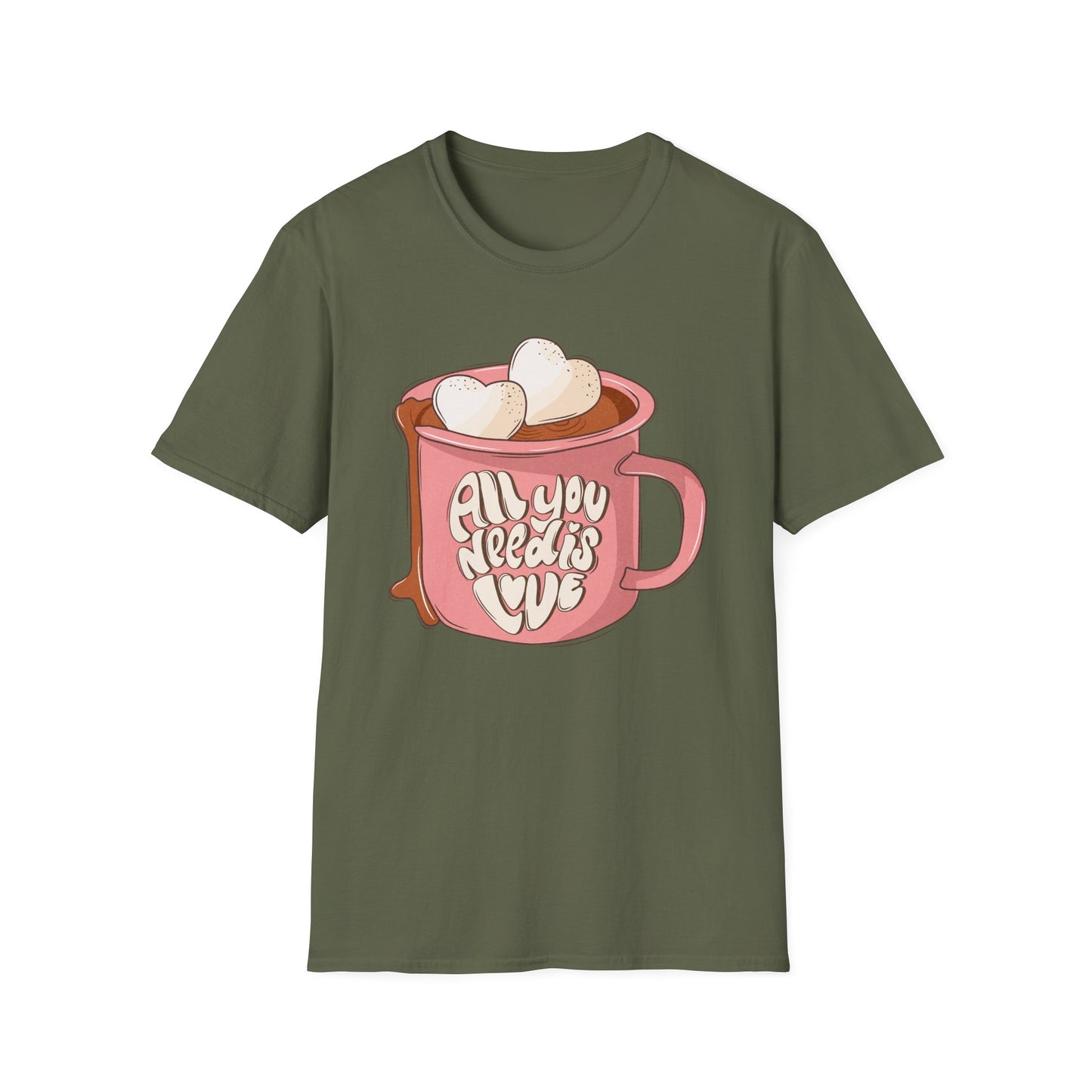 Sweet "All You Need Is Love" T-Shirt | Retro Hot Chocolate Mug with Heart Marshmallows | Adorable Valentine's Day & Cozy Love Tee