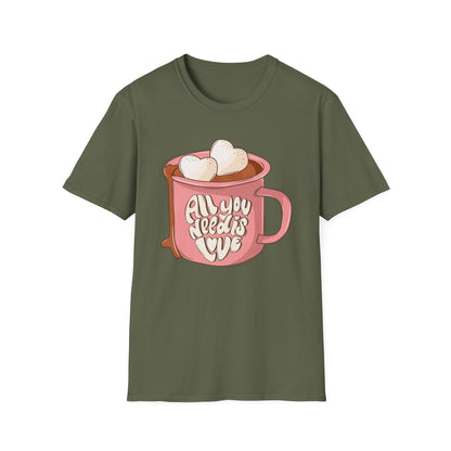Sweet "All You Need Is Love" T-Shirt | Retro Hot Chocolate Mug with Heart Marshmallows | Adorable Valentine's Day & Cozy Love Tee