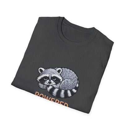 Powered By Snacks Adorable Raccoon T-Shirt | Funny Foodie Animal Lover Tee | Hilarious Snack Enthusiast Gift