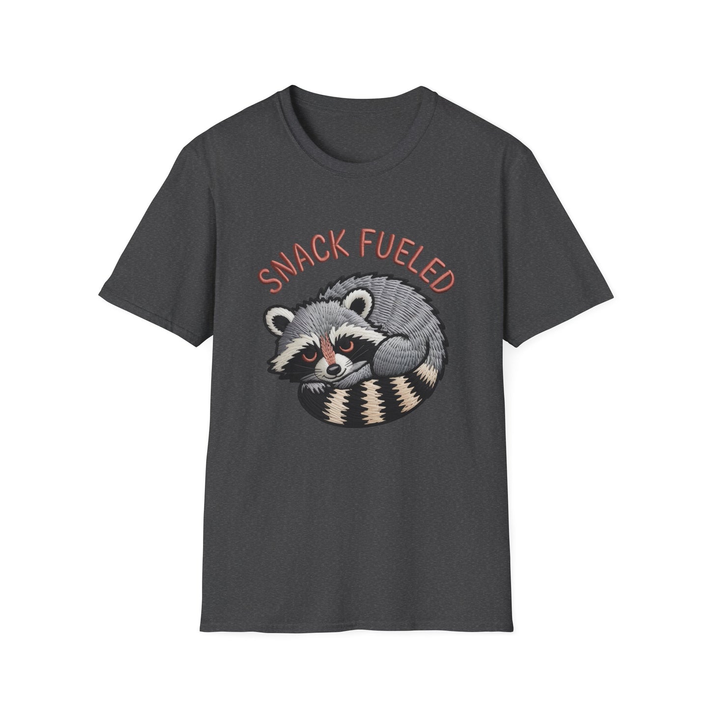 Adorable "Snack Fueled" Raccoon T-Shirt | Funny Embroidered Wildlife Tee for Animal Lovers | Cute & Cozy Gift