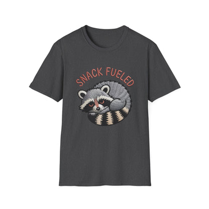 Adorable "Snack Fueled" Raccoon T-Shirt | Funny Embroidered Wildlife Tee for Animal Lovers | Cute & Cozy Gift